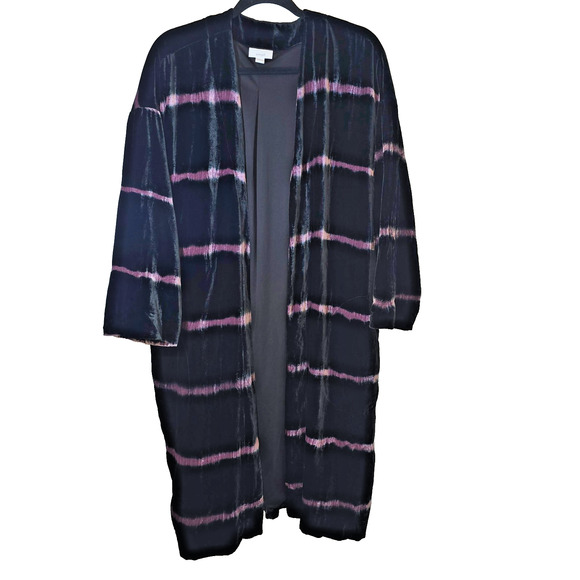 J.Jill Long Line Open Front Velvet Cardigan Black Size L Purple Stretch Kimono - Picture 1 of 9